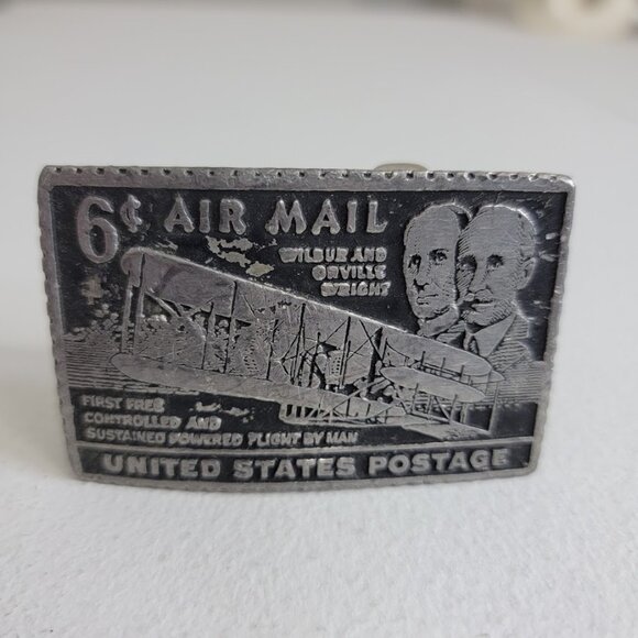Vtg Dory Wright Brothers 6¢ Postage Stamp Pewter Belt Buckle Airplane Air Mail - Picture 1 of 8